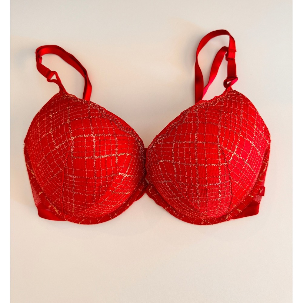 Victoria's Secret Red Gold Plaid Lace Plunge Underwire Bra 34DD - Picture 3 of 9